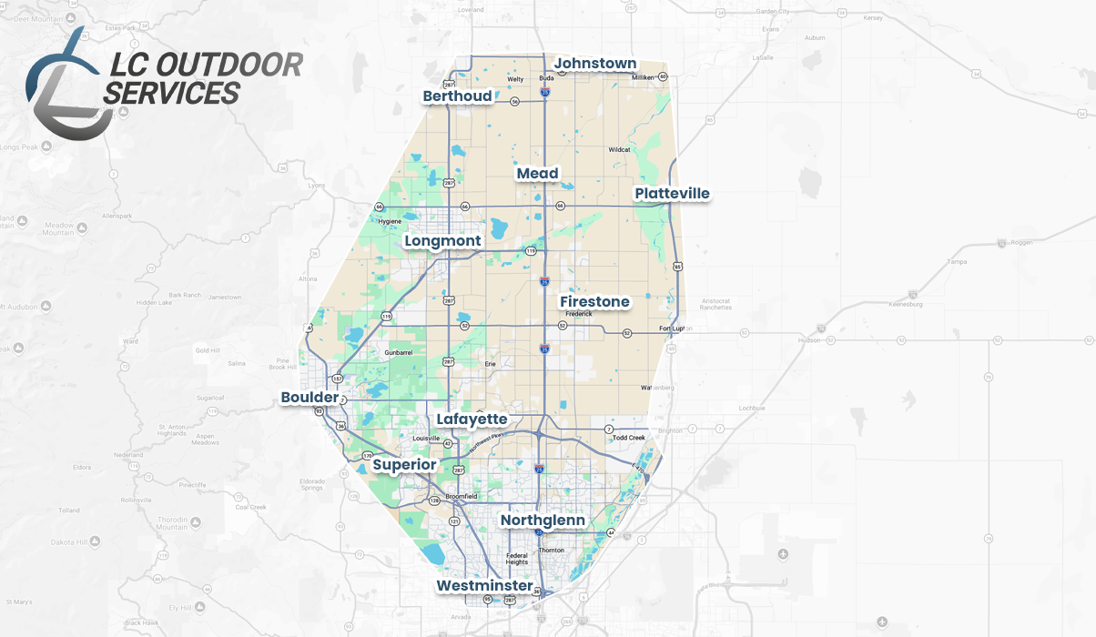 A map highlighting the service area of LC Outdoor Services in Colorado, covering cities like Longmont, Lafayette, Boulder, Northglenn, Westminster, and surrounding areas. LC Outdoor Services logo is in the top left corner.